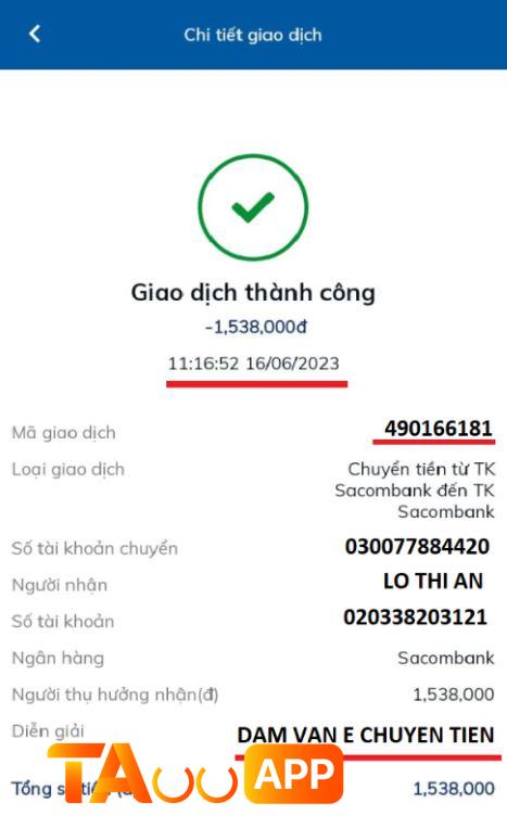 thong tin giao dịch thanh cong Ta88