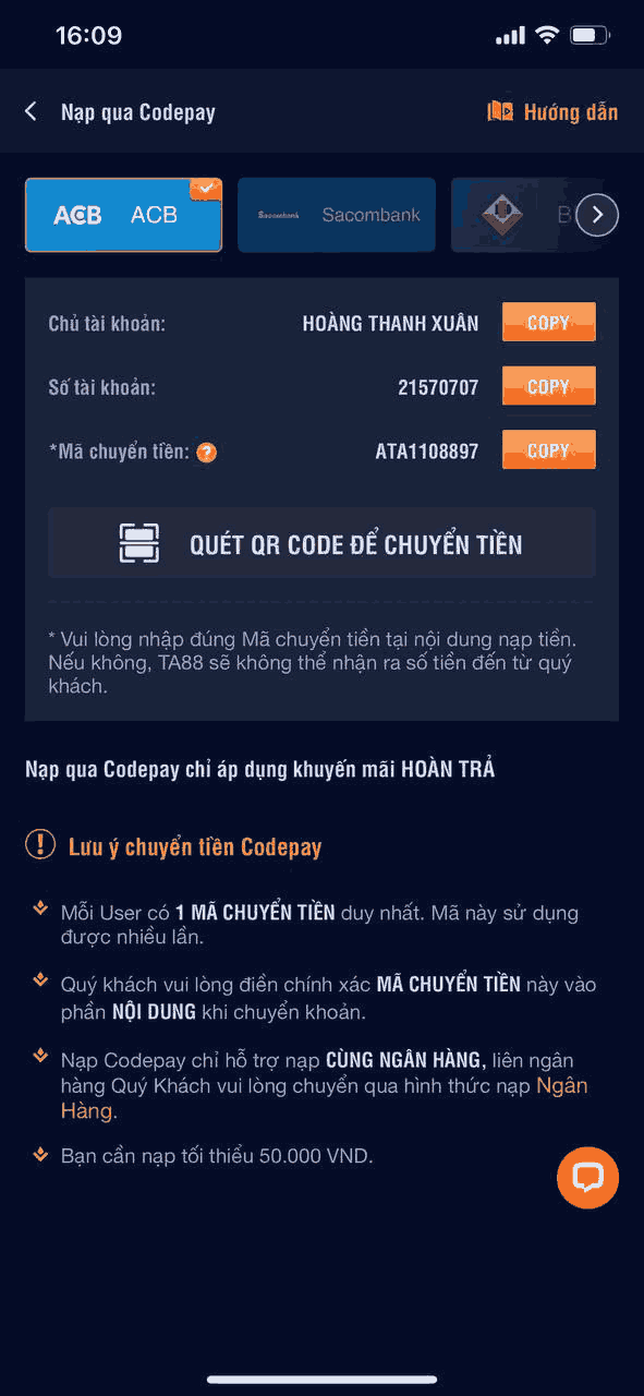 hướng dẫn nạp tiền vào Ta88 app bằng codepay