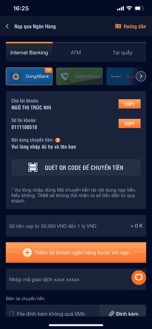 hướng dẫn nạp tiền vào Ta88 app bằng internet banking
