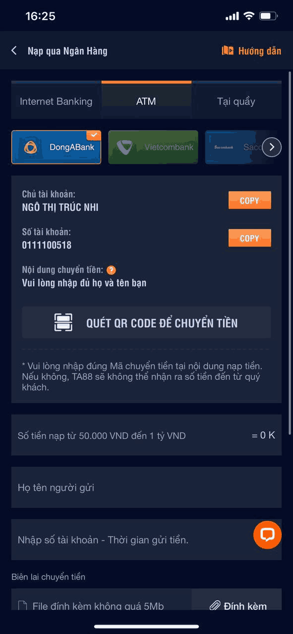 hướng dẫn nạp tiền vào Ta88 app bằng atm