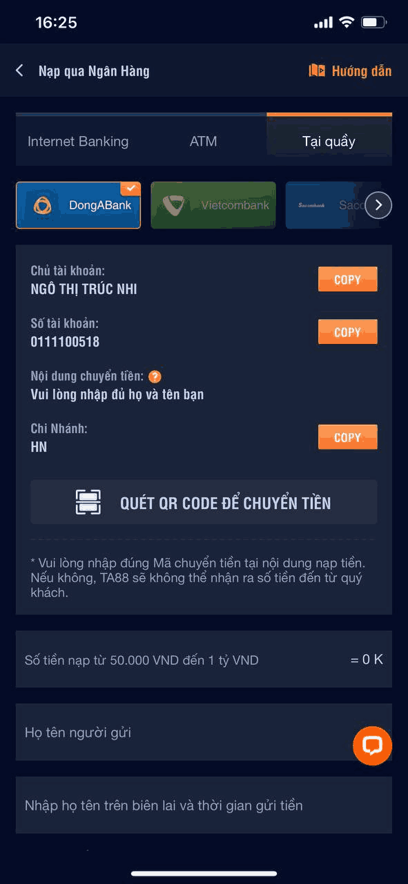 hướng dẫn nạp tiền vào Ta88 app tại quầy